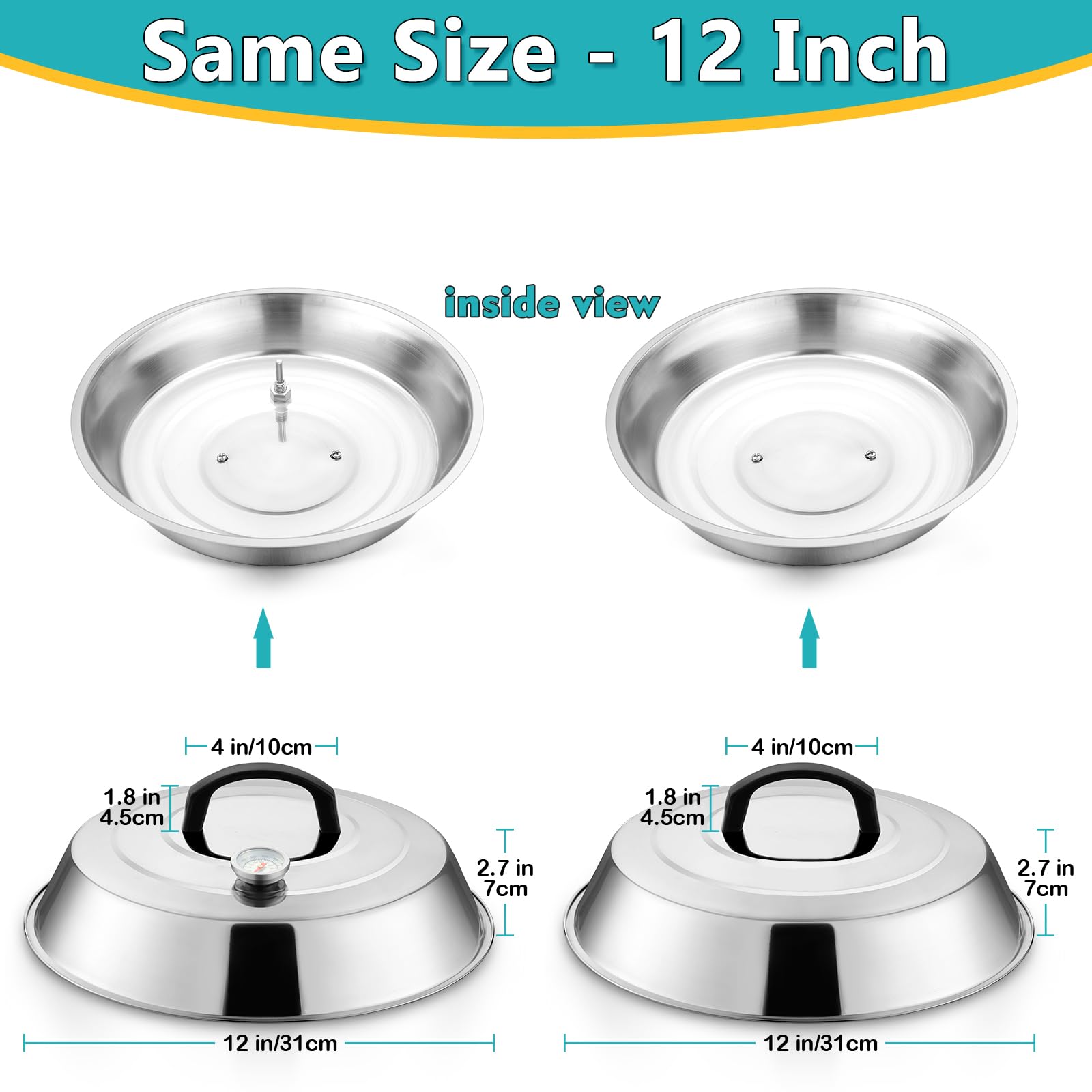 12Inch Cheese Melting Dome, Hasteel Stainless Steel Round Basting Steaming Cover, Large Solid Griddle Dome & Grill Lid With Ther